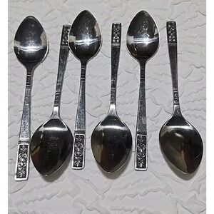 Vintage Customcraft Stainless Flatware Spoon Set of 6 Fleur de Lis 6.25"‎ Long